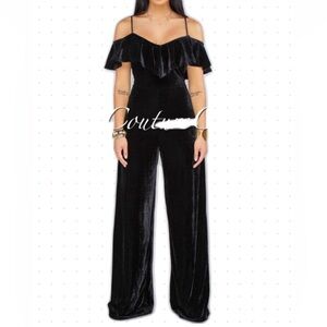 BLACK VELVET OFF THR SHOULDER HOLIDAY WIDE LEG JUMPSUIT LARGE